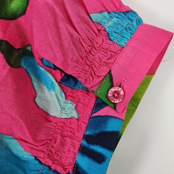 Caribbean Joe Cotton Tropical Pink Multicolor Smocked Button-Up Blouse Size XL - Picture 5 of 9